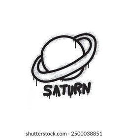 Planet saturn graffiti spray painted black on white.