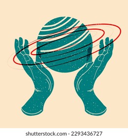 The planet Saturn in the hands of man. Esoterics symbol. Colorful cute screen printing effect. Riso print effect. Vector illustration. Graphic element  for fabric, textile, clothing, wrapping paper