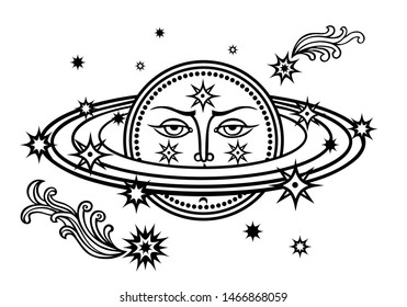 Planet Saturn with a human face and with stars and comets. Graphic black and white drawing on a space theme, celestial bodies, graphic black and white print for fabric and other designs, vector 