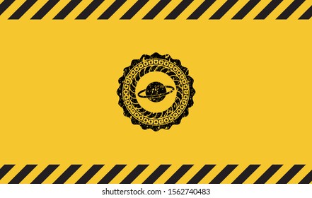planet, saturn icon black grunge emblem, yellow warning sign. Vector Illustration. Detailed.