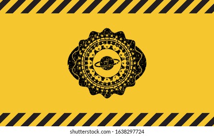 planet, saturn icon black grunge emblem with yellow background. Vector Illustration. Detailed.