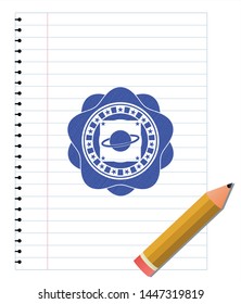 planet, saturn icon drawn with pen. Blue ink. Vector Illustration. Detailed.