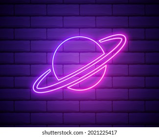 planet Saturn icon. Elements of Web in neon style icons. Simple icon for websites, web design, mobile app, info graphics.Isolated on brick wall.