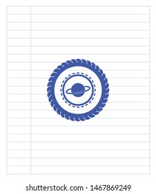 planet, saturn icon emblem drawn with pen. Blue ink. Vector Illustration. Detailed.