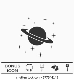 Planet Saturn icon flat. Black pictogram on white background. Vector illustration symbol and bonus button