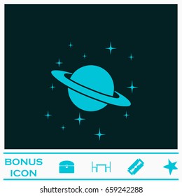 Planet Saturn icon flat. Blue pictogram on dark background. Vector illustration symbol and bonus icons