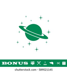 Planet Saturn icon flat. Green pictogram on white background. Vector illustration symbol and bonus button