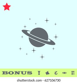 Planet Saturn icon flat. Grey pictogram on blue background. Vector illustration symbol and bonus buttons medal, cow, earth, eye, calculator