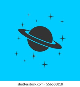 Planet Saturn icon flat. Simple vector black pictogram on blue background