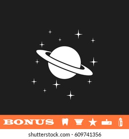 Planet Saturn icon flat. White pictogram on black background. Vector illustration symbol and bonus button tooth, vase, star, mirror, bottle