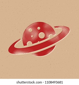 Planet Saturn icon in halftone style. Grunge background vector illustration.