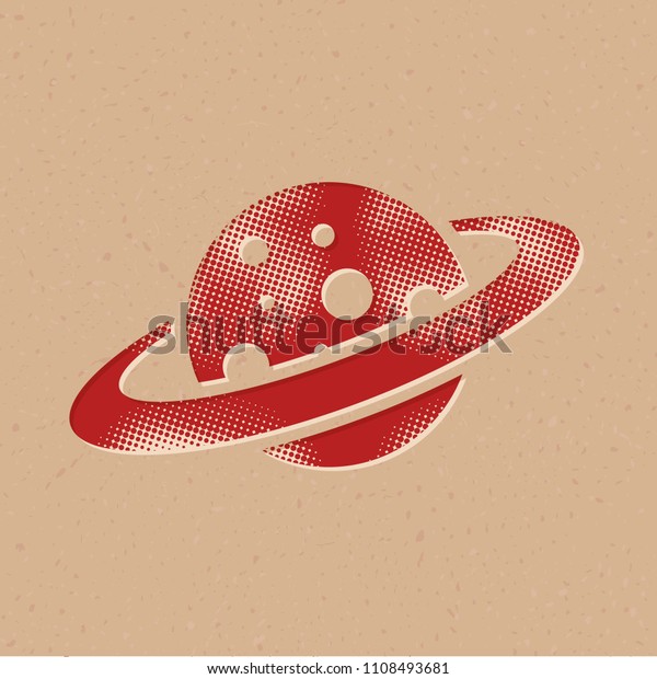 Planet Saturn icon in halftone style.\
Grunge background vector\
illustration.