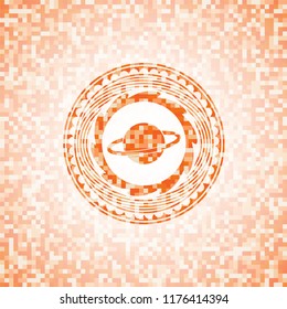 planet, saturn icon inside abstract emblem, orange mosaic background