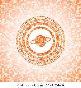 planet, saturn icon inside abstract emblem, orange mosaic background