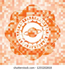 planet, saturn icon inside abstract emblem, orange mosaic background