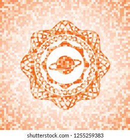 planet, saturn icon inside abstract orange mosaic emblem with background