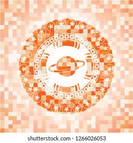 planet, saturn icon inside abstract orange mosaic emblem with background