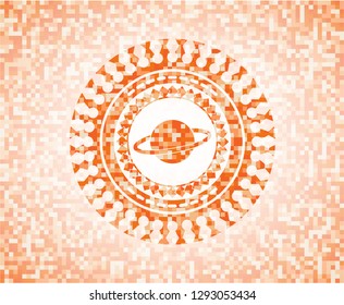 planet, saturn icon inside abstract emblem, orange mosaic background