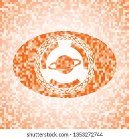 planet, saturn icon inside abstract emblem, orange mosaic background