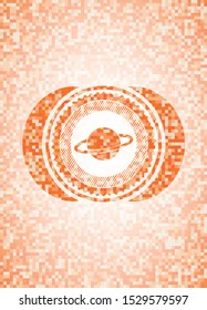 planet, saturn icon inside abstract emblem, orange mosaic background