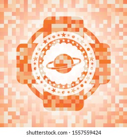 planet, saturn icon inside abstract emblem, orange mosaic background