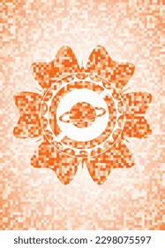planet, saturn icon inside abstract orange mosaic emblem. 