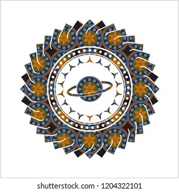 planet, saturn icon inside arabesque badge background. arabic decoration.