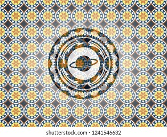 planet, saturn icon inside arabesque emblem. arabic decoration.