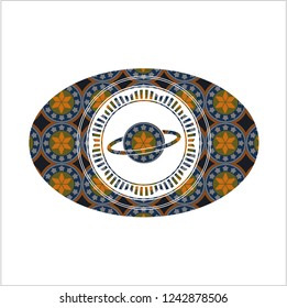 planet, saturn icon inside arabesque style emblem. arabic decoration.
