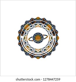 planet, saturn icon inside arabesque style badge. arabic decoration.