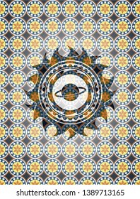 planet, saturn icon inside arabesque emblem. arabic decoration.