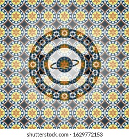 planet, saturn icon inside arabesque style badge. arabic decoration.