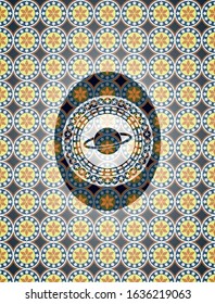 planet, saturn icon inside arabesque style badge. arabic decoration.