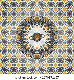 planet, saturn icon inside arabesque style emblem. arabic decoration.