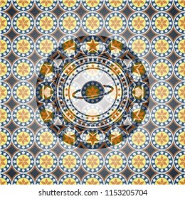 planet, saturn icon inside arabic badge background. Arabesque decoration.