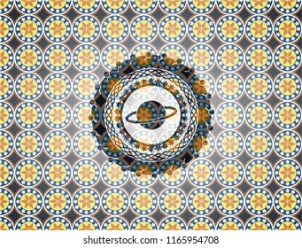 planet, saturn icon inside arabic badge background. Arabesque decoration.