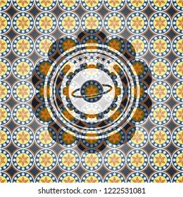 planet, saturn icon inside arabic style badge. Arabesque decoration.