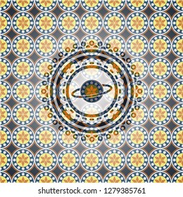 planet, saturn icon inside arabic emblem background. Arabesque decoration.