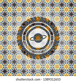 planet, saturn icon inside arabic badge. Arabesque decoration.