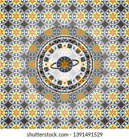 planet, saturn icon inside arabic badge. Arabesque decoration.