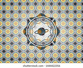 planet, saturn icon inside arabic emblem background. Arabesque decoration.