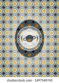 planet, saturn icon inside arabic badge. Arabesque decoration.