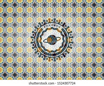 planet, saturn icon inside arabic emblem. Arabesque decoration.