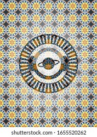 planet, saturn icon inside arabic badge background. Arabesque decoration.