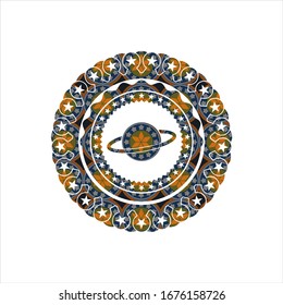 planet, saturn icon inside arabic badge background. Arabesque decoration.