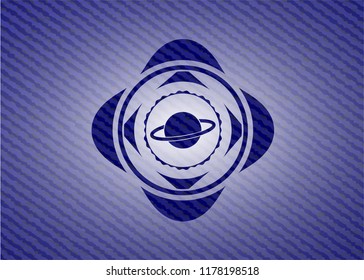 planet, saturn icon inside badge with jean texture