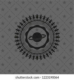 planet, saturn icon inside black emblem. Vintage.