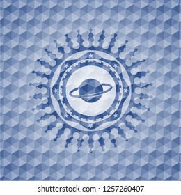 planet, saturn icon inside blue emblem or badge with geometric pattern background.