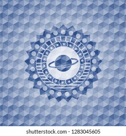 planet, saturn icon inside blue emblem or badge with geometric pattern background.