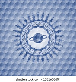 planet, saturn icon inside blue emblem with geometric background.